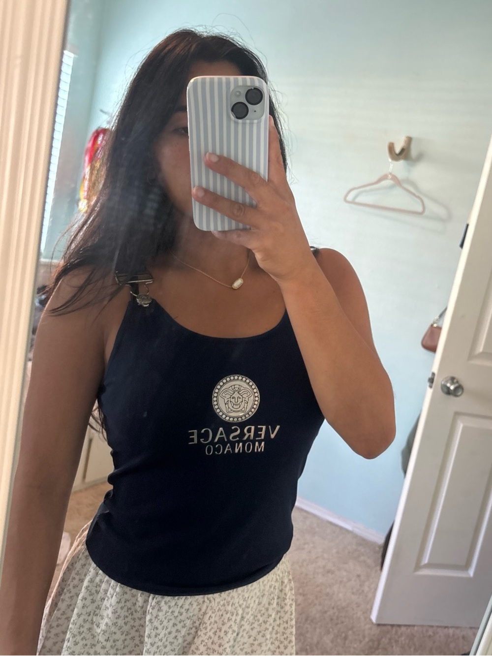 Versace Navy Blue Monaco Logo Tank Top with Gold Buckles